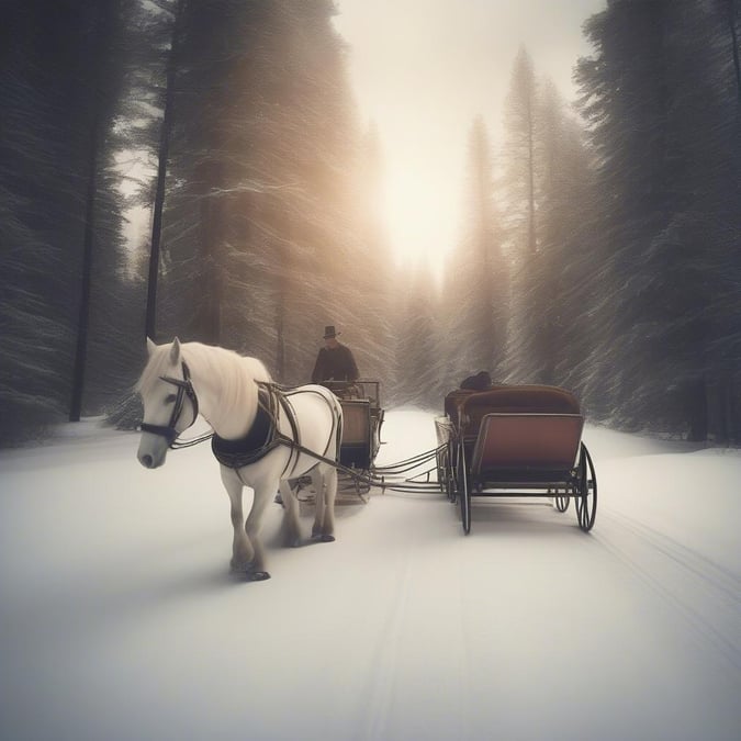 This festive winter wallpaper captures the essence of the season with a serene snowy landscape and a horse-drawn carriage, perfect for adding a touch of holiday cheer to your desktop or mobile device.