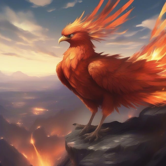 A powerful and inspiring image of a phoenix standing on a cliff, surrounded by a fiery glow.