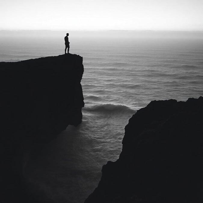 A serene black and white ocean view with a man standing on a cliff, overlooking the vast sea.