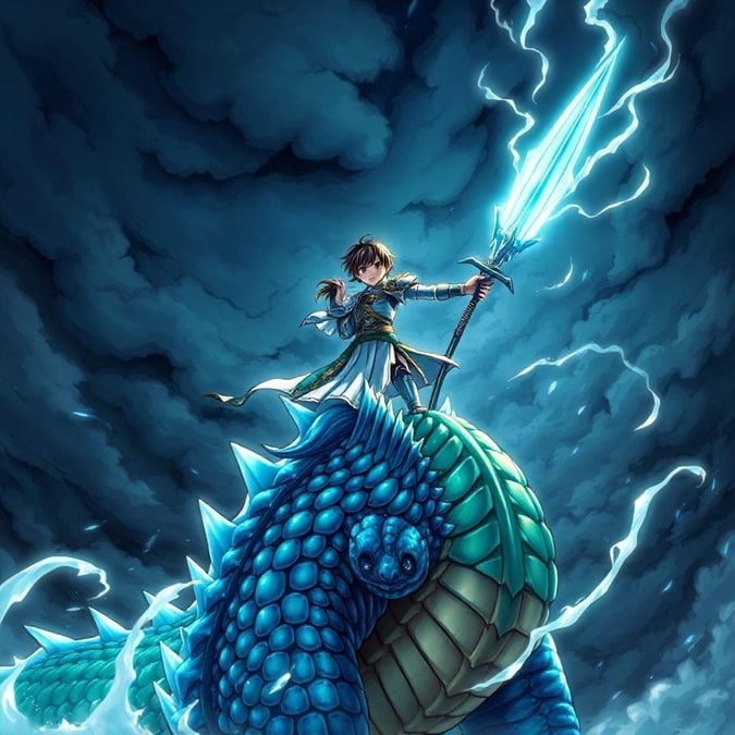 Diese Anime-Illustration zeigt einen jungen Krieger, der triumphierend auf dem Rücken eines majestätischen Drachen steht, vor einem dramatischen Hintergrund aus dunklen Wolken. Die lebendigen blauen und grünen Schuppen des Drachen schaffen einen auffälligen Kontrast, während die Pose des Kriegers ein Gefühl von Macht und Entschlossenheit ausstrahlt.