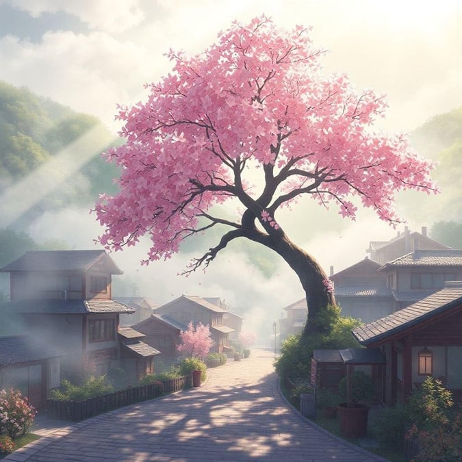 A serene anime-style illustration of a sakura tree blooming in a misty mountain village, blending nature and technology in a peaceful scene.