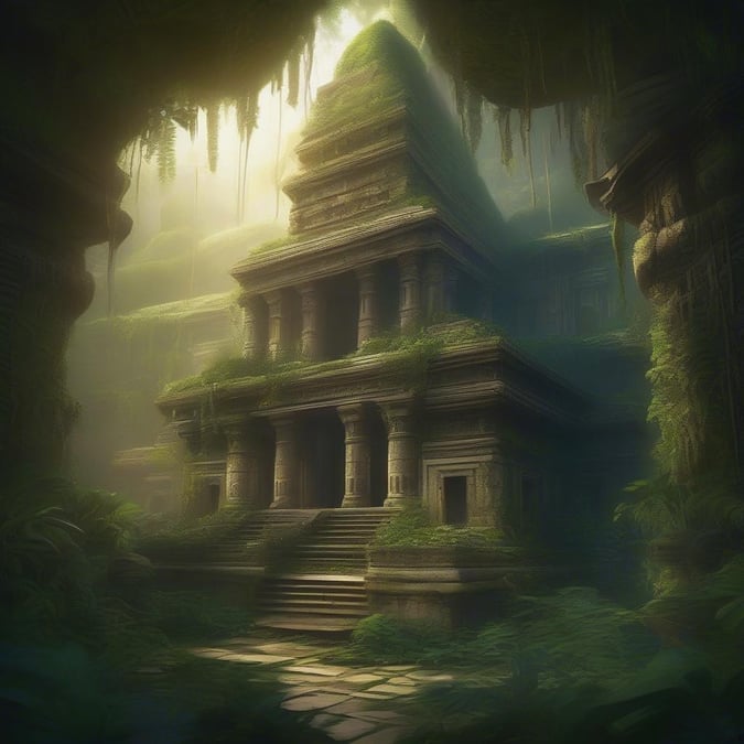 This stunning 3D art wallpaper showcases a majestic temple in the jungle, exuding a sense of mystery and adventure.