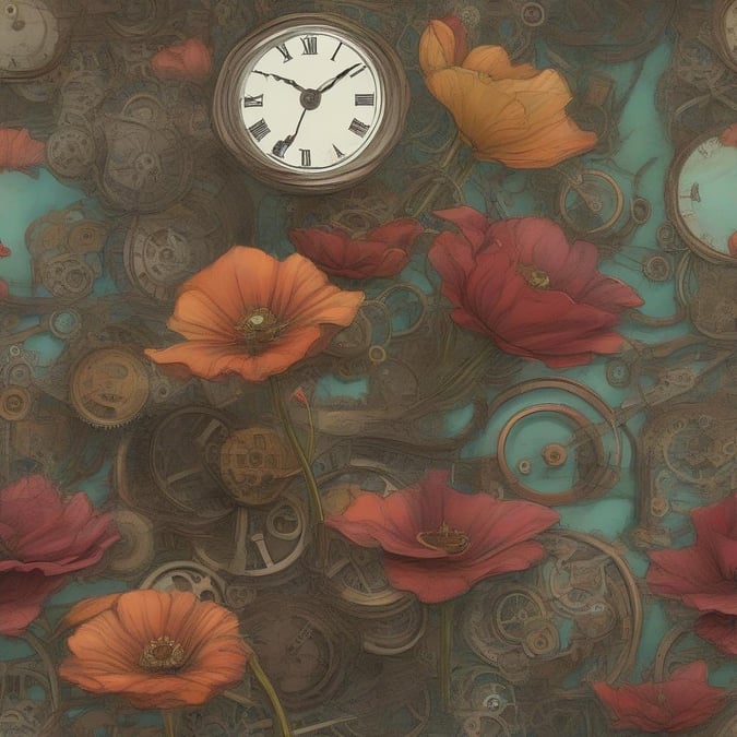 An artistic mix of gears and flowers, with a touch of nostalgia for vintage clock faces. Perfect as a desktop wallpaper to bring the beauty of machinery and nature together in an elegant display.