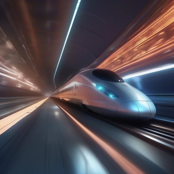 Feel the thrill of high-speed travel with this sleek bullet train captured in motion. Experience the marvel of modern engineering as it hurtles towards the horizon.