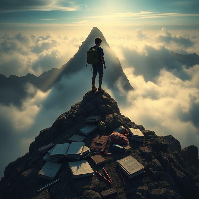 A student standing on a mountain peak, looking towards the horizon with their backpack, symbolizing the journey of learning and adventure.