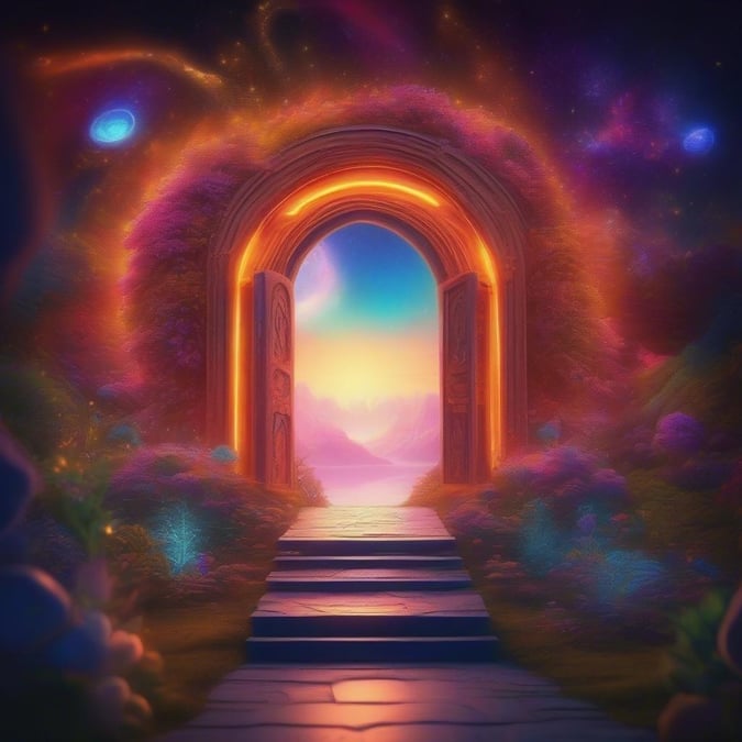 A magical gateway leads into a fantastical landscape, inviting you on an enchanting adventure. This colorful wallpaper is perfect for sparking imagination in young minds.