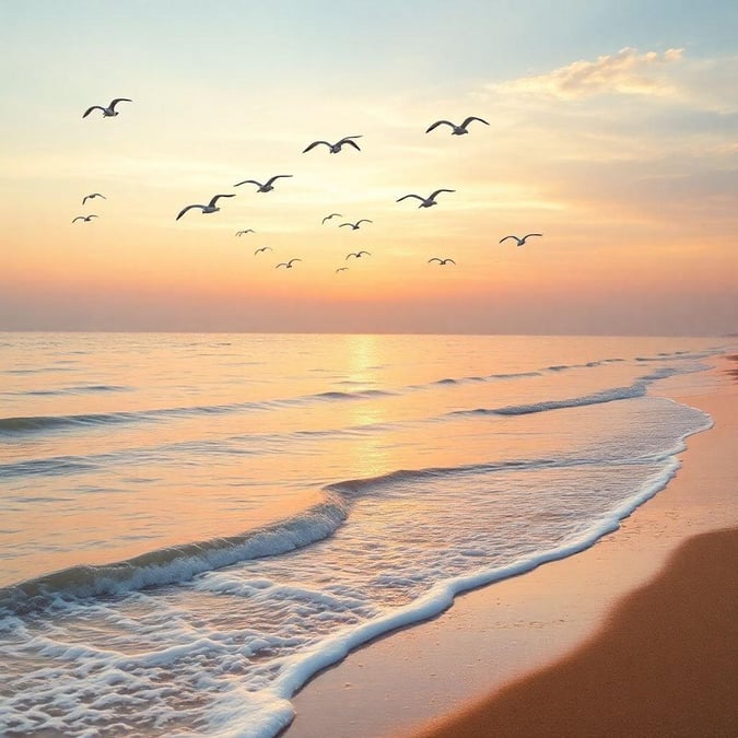 An idyllic seaside scene with a warm sunset, gentle waves lapping at the shore, and flocks of birds taking flight as dusk falls.