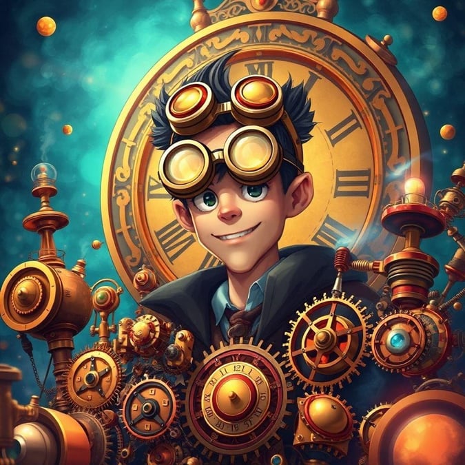 Step into a world of innovation and mystery with this captivating anime-inspired wallpaper featuring a brilliant inventor surrounded by intricate clockwork and machinery.