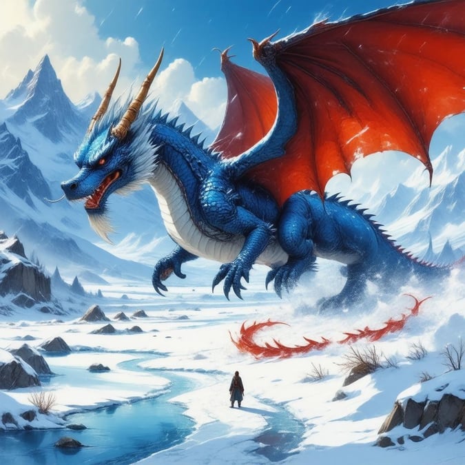 Este papel de parede em estilo anime apresenta um majestoso dragão azul e branco com uma impressionante cauda vermelha, ambientado em um deslumbrante cenário de tundra congelada. As asas do dragão estão bem abertas, e ele paira sobre um rio sinuoso, criando uma sensação de movimento e drama. Uma pequena figura à distância adiciona escala à cena, enquanto o fundo sugere uma majestosa cadeia de montanhas.