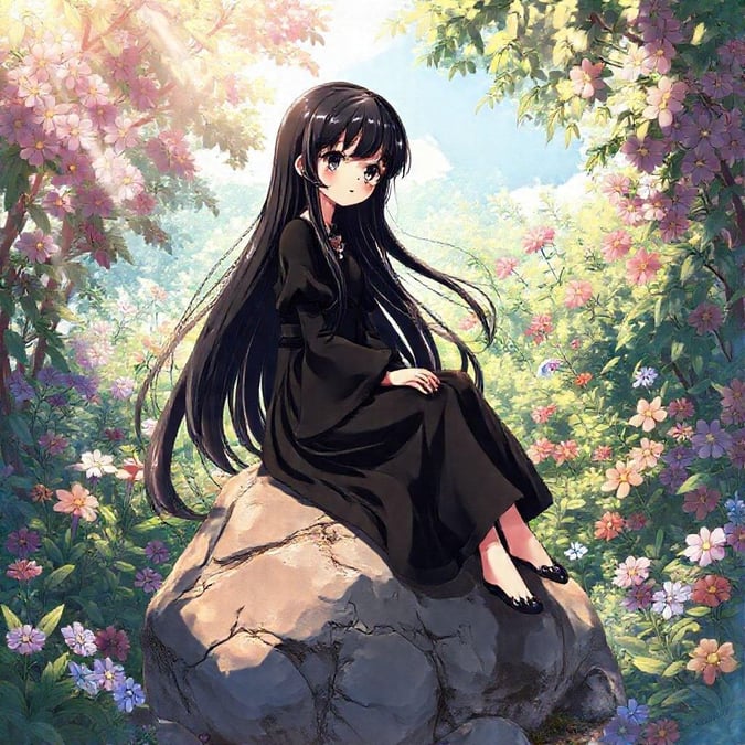 This anime illustration captures a moment of tranquility, featuring a shy girl in black sitting on a rock amidst a lush garden.