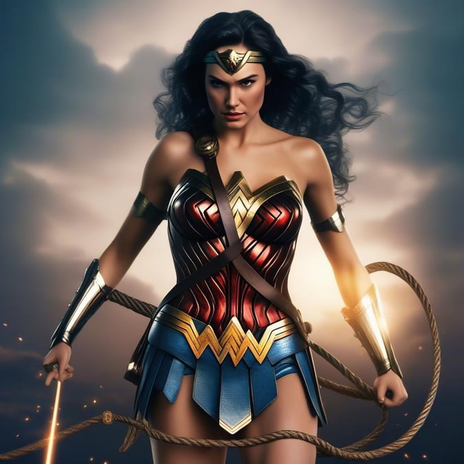 Cette image présente Wonder Woman, l'icône des super-héroïnes connue pour sa force, son courage et sa justice. Avec ses bracelets dorés, sa tiara et son épée, elle est prête à défendre contre tout ennemi.