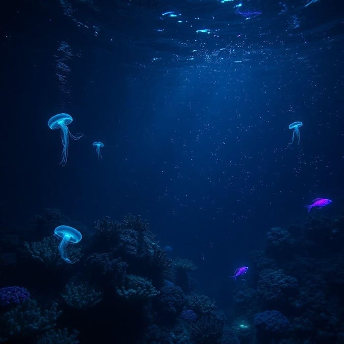 This captivating underwater scene features a stunning array of marine life, including jellyfish and fish, set against a backdrop of coral reefs and ocean currents. The image is perfect for those who love the ocean and want to bring a touch of the sea into their daily lives.