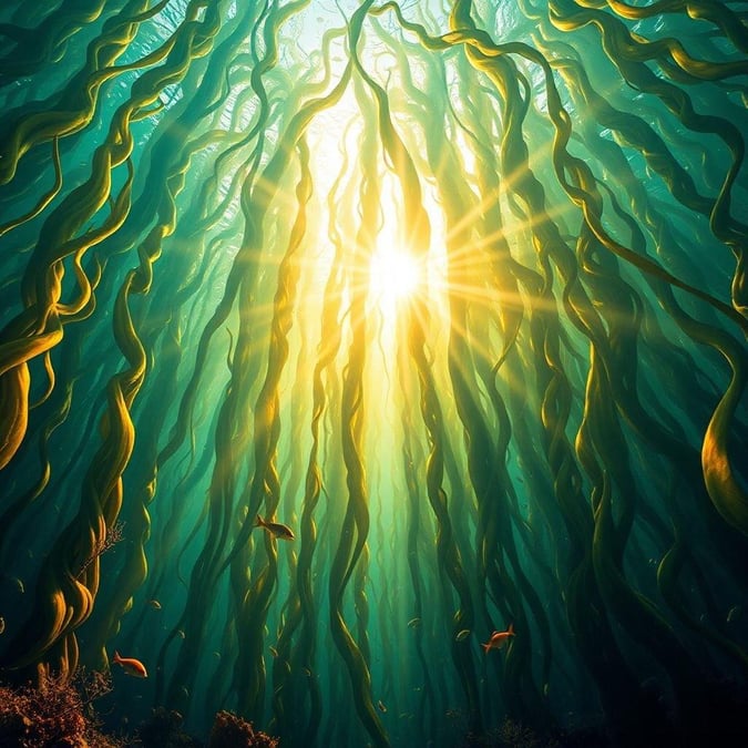 Descend into the depths of an otherworldly underwater forest, where long tendrils of vegetation sway gently with the current. The sun pierces through above, casting a mesmerizing light on the scene below.