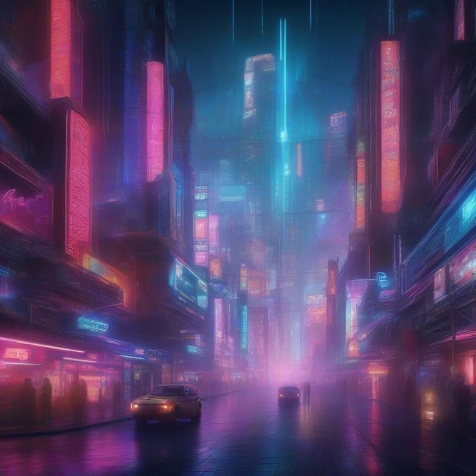 A bustling neon-lit city street in the midst of a cyberpunk movie or game, showcasing futuristic architecture under a starless sky.