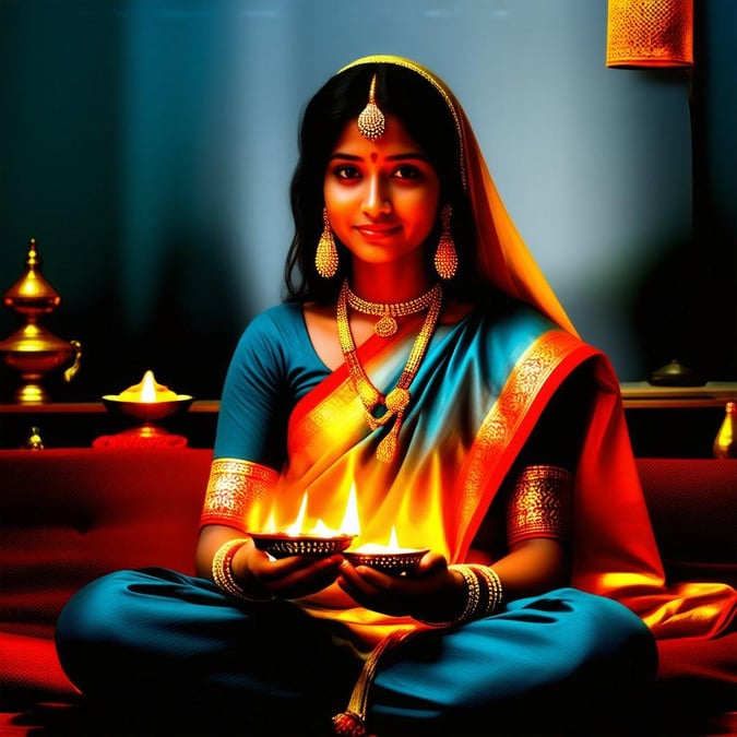 An Indian girl sits in traditional attire during the festive celebration of Diwali, surrounded by lit candles and offerings.