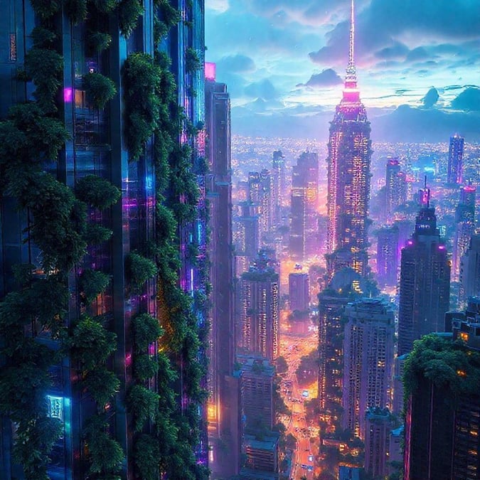 This futuristic cityscape is a breathtaking sight, with towering skyscrapers and lush greenery. The vibrant colors and neon lights create a sense of energy and excitement, making it a perfect wallpaper for anyone who loves technology and innovation.