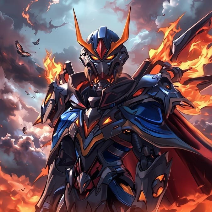 This anime wallpaper features a futuristic warrior standing tall above the clouds, with a mecha in the background. The dark, cloudy sky adds a dramatic touch to the scene.