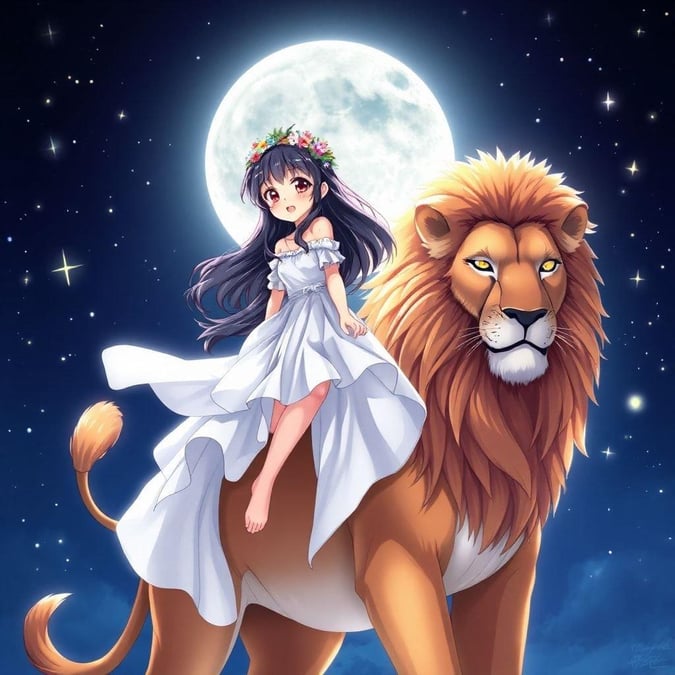 A beautiful anime girl riding a majestic lion, surrounded by a magical night sky.