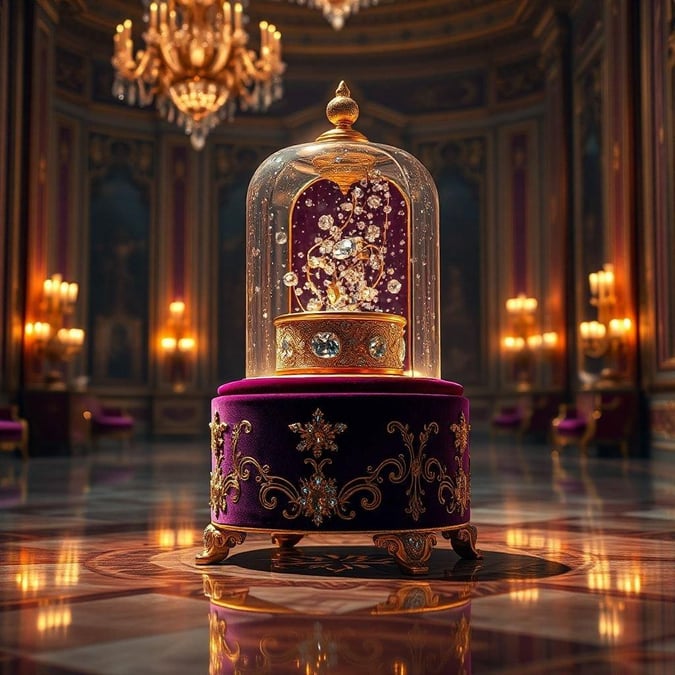 A luxurious, jewel-encrusted casket inside an opulent room.