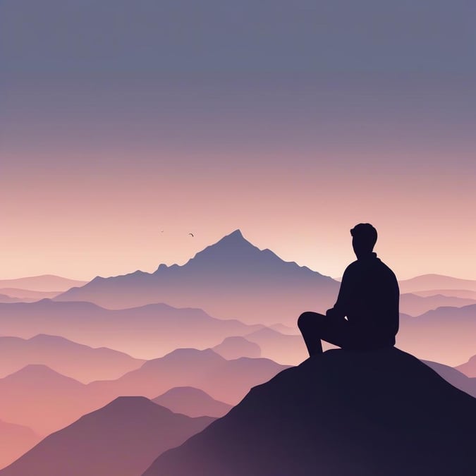 A minimalist wallpaper featuring a man sitting on a mountain top, looking out at the breathtaking view.