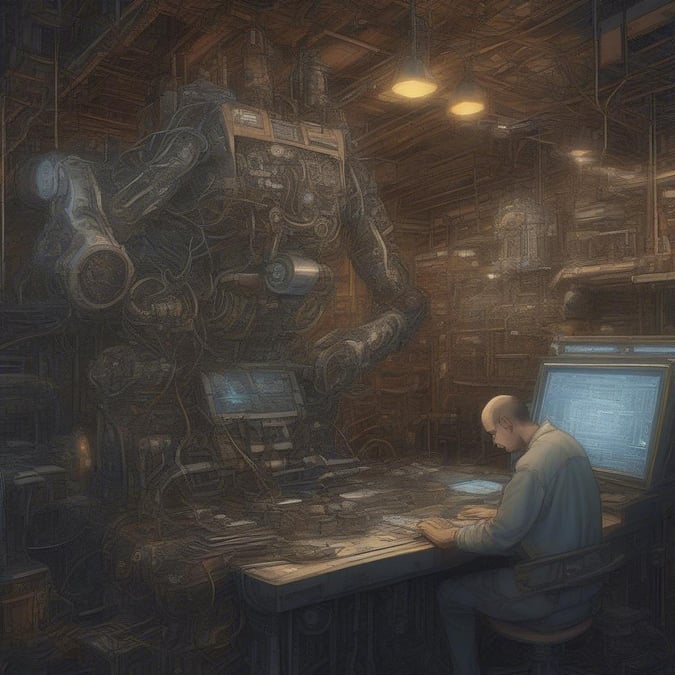 A scientist works late into the night, surrounded by advanced robotic machinery, in a setting that appears to be from the distant future. The scene suggests innovation and dedication, as the person at the center of it all seeks to push the boundaries of technology.