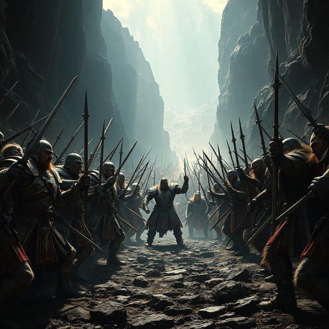 A thrilling battle scene featuring fierce warriors, mystical creatures and a powerful leader in the heart of a mountain pass.