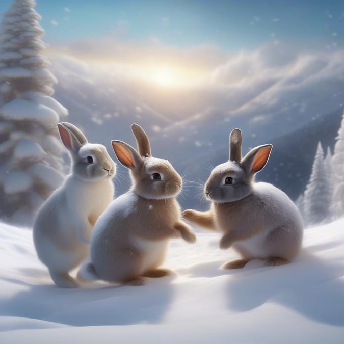 Cute bunnies enjoying a snowy day, perfect for Easter celebrations on your desktop or mobile device.