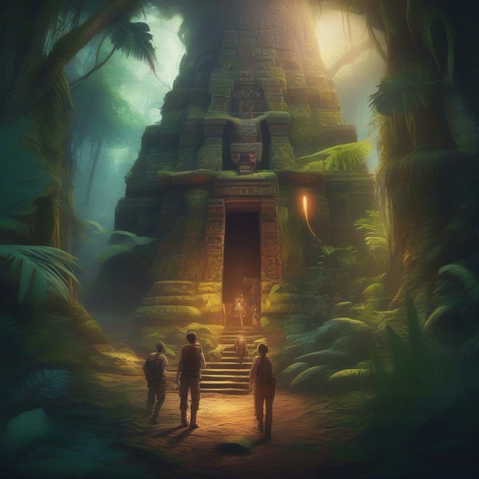 This wallpaper is perfect for kids who love adventure and exploring the jungle. The image features a group of friends on an exciting journey through the dense foliage, with a large temple in the background. The bright colors and fun characters make it a great addition to any room.