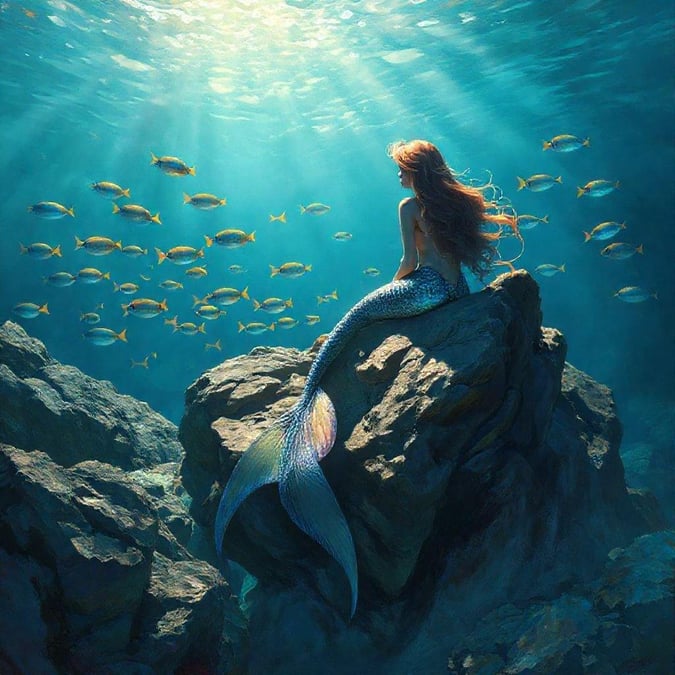 A serene underwater vista with mermaid-like figure observing marine life.