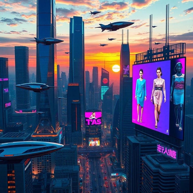 The vibrant intersection of fashion and technology set against the backdrop of a bustling city skyline at sunset.