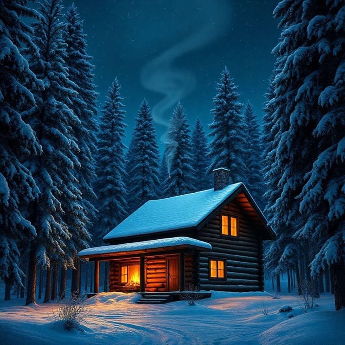 A cozy cabin nestled among snow-covered trees, inviting warmth and relaxation on a chilly winter evening.