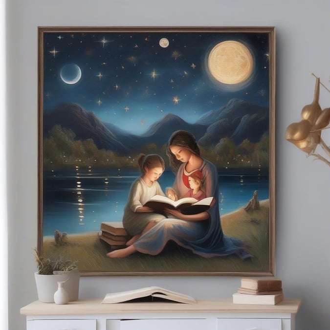 This tranquil scene captures the essence of a Mother's Day, with a mother and child enjoying a quiet moment together under the stars.