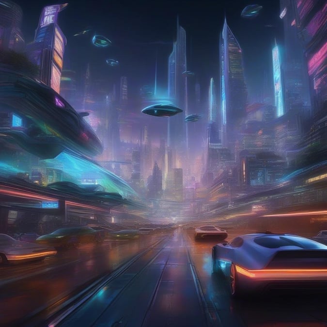 A vibrant, futuristic city with towering skyscrapers, glowing neon lights, and sleek hover cars under a night sky. It's a scene straight out of a sci-fi cartoon where the future has arrived in full color.