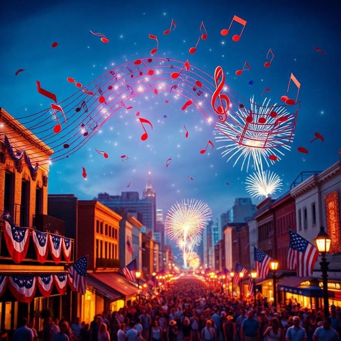 Crowded city street celebrating Independence Day with fireworks, banners, and patriotic decorations. American flag waving in the crowd.