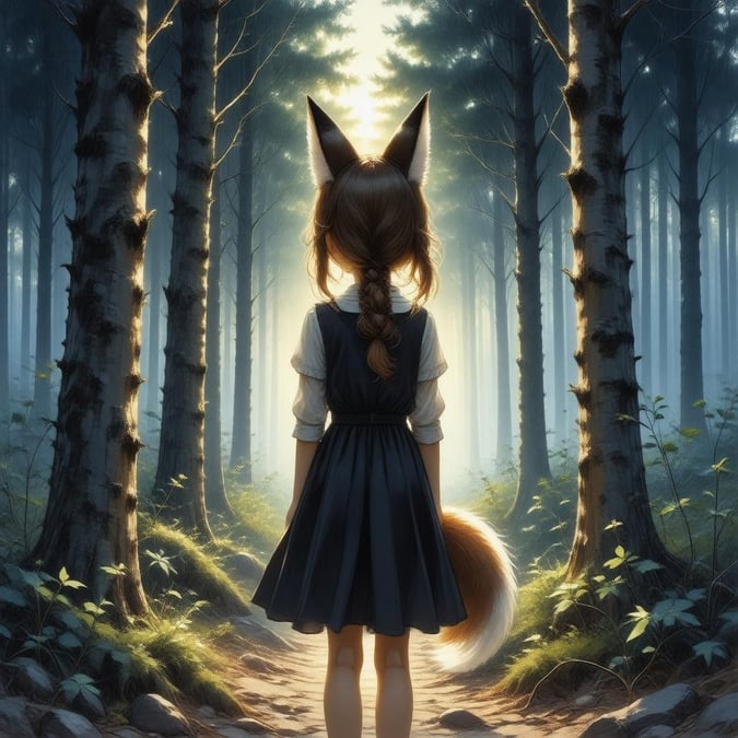 A whimsical scene where the forest path is illuminated by the sun filtering through the tall trees, creating a magical atmosphere. A young girl with fox ears and tail stands as if looking into the viewers' world from another realm.