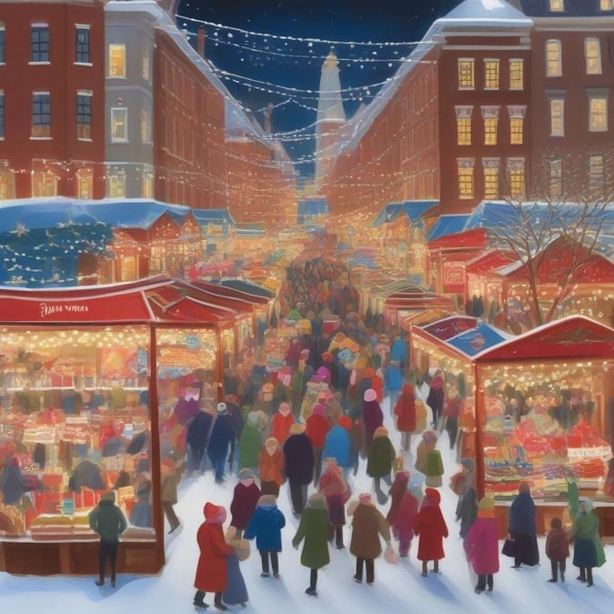 A festive winter scene featuring a bustling street market with people shopping and vendors selling their goods. The snowy sidewalks, twinkling lights, and the warm glow of shops create a cozy atmosphere perfect for holiday cheer.