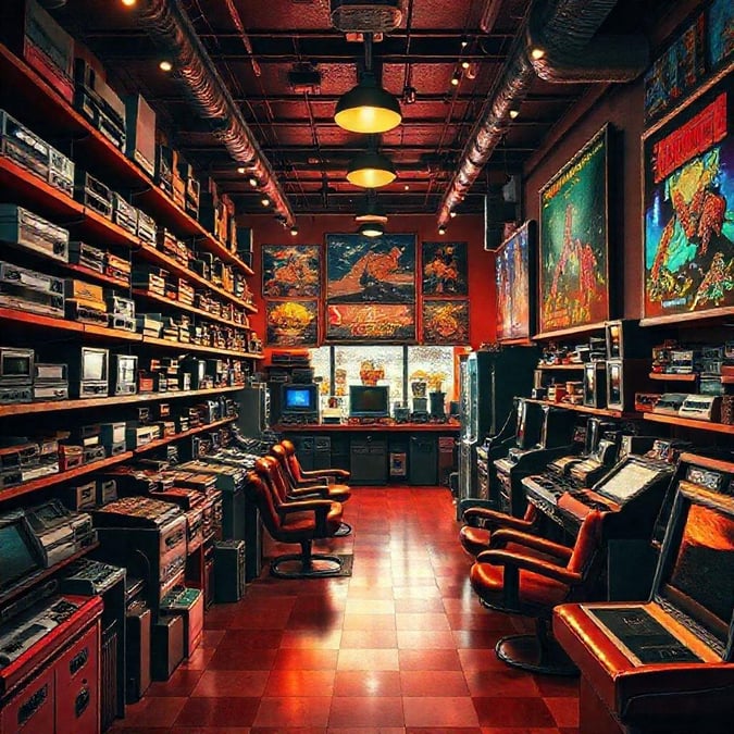 A room filled with classic video games, consoles, and arcade machines, all displayed in a cozy setting with red walls and warm lighting.