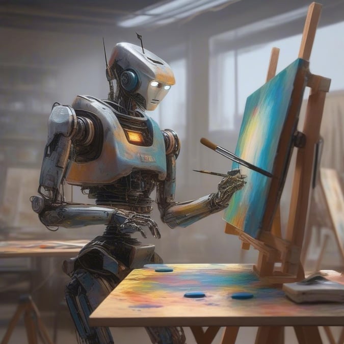 A robot with a paintbrush, creating a masterpiece in a futuristic world.