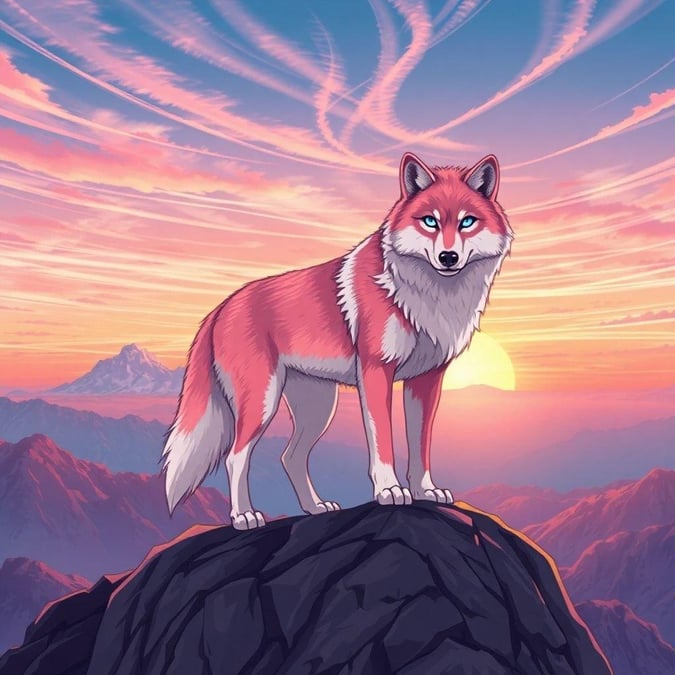 Esta ilustração de anime apresenta um lobo em pé em uma cadeia de montanhas ao pôr do sol, com seu pelo em um caleidoscópio de rosa e branco. Os grandes olhos do lobo e seus penetrantes olhos azuis são o ponto focal, enquanto as montanhas abaixo são uma tela de suaves tons de rosa e laranja.