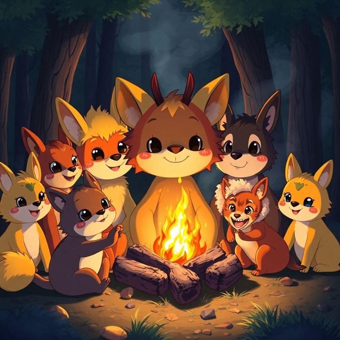 Préparez-vous à vous plonger dans une scène de feu de camp captivante au style anime, où un groupe d'animaux anthropomorphes se rassemble autour d'un feu chaud et confortable dans les bois.