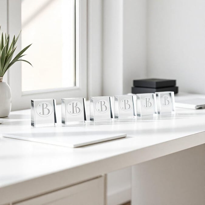 In this minimalist office setting, a clean white desk holds an array of monogrammed items that add a personal touch. The black and white color scheme adds to the sophistication of the space. Perfect for a modern professional or someone who appreciates simplicity in design.