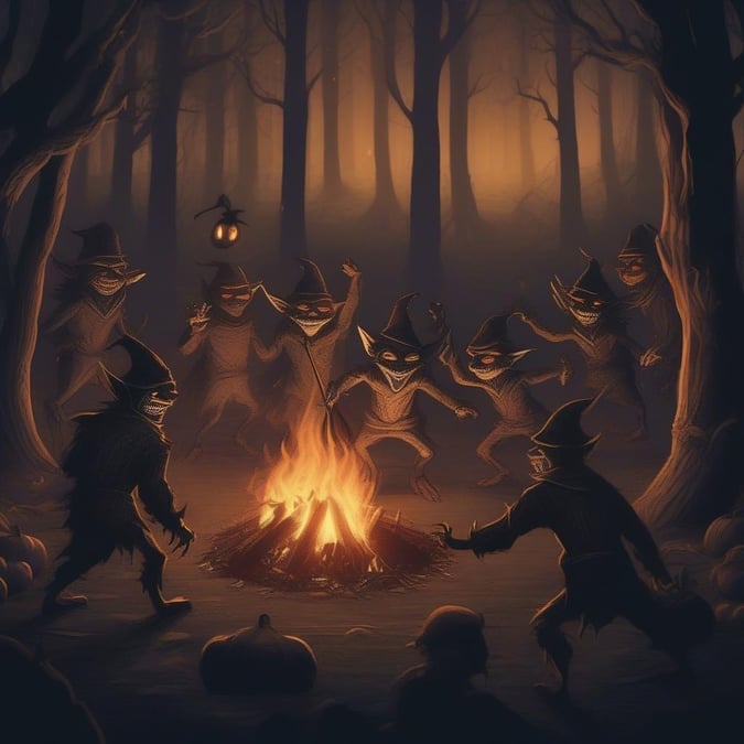 A lively gathering of mischievous trick-or-treaters around a roaring bonfire, evoking the spirit of Halloween.