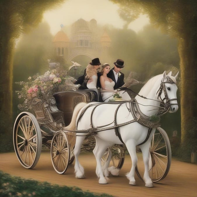 Celebrate the most special day with this vintage-style wedding carriage, fit for a fairy tale. A bride and groom share their joyful journey as they arrive at the venue in classic style.