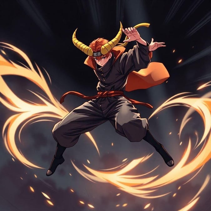 This dynamic anime image showcases a ninja in mid-air, its vibrant orange and yellow horns standing out against a dark background. The scene captures a moment of intense action, with the ninja's motion frozen in time.