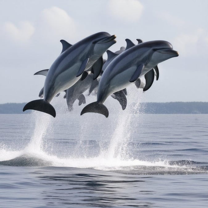 This playful trio are the stars of the show as they jump in harmony over the ocean waves. With every splash, their joy is palpable and their freedom unrestricted. Capture a moment that reminds you of the natural beauty and grace of marine life.