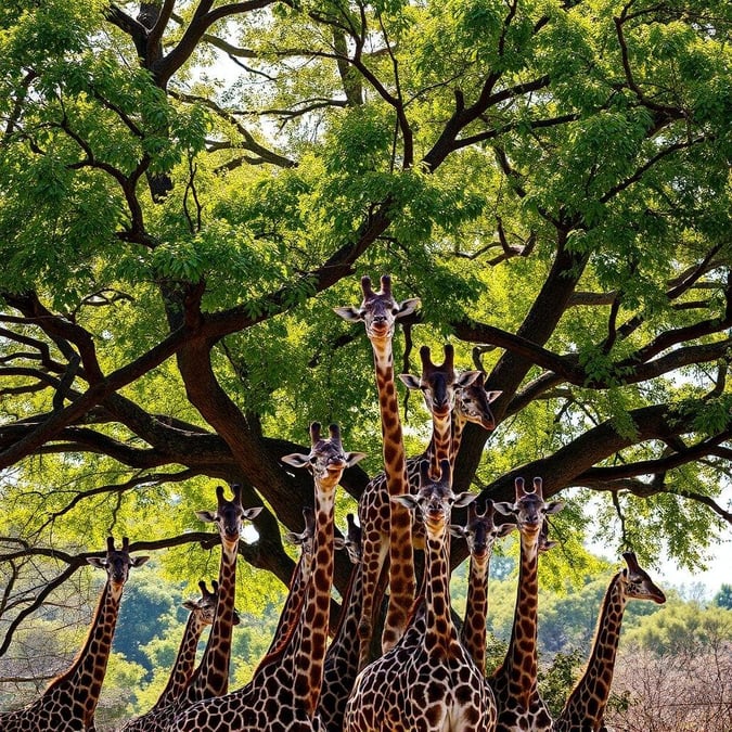 This wallpaper features a group of giraffes in their natural habitat, surrounded by lush green trees and vibrant foliage. The image captures the beauty and majesty of these incredible creatures, with their long necks and legs stretching out towards the camera.