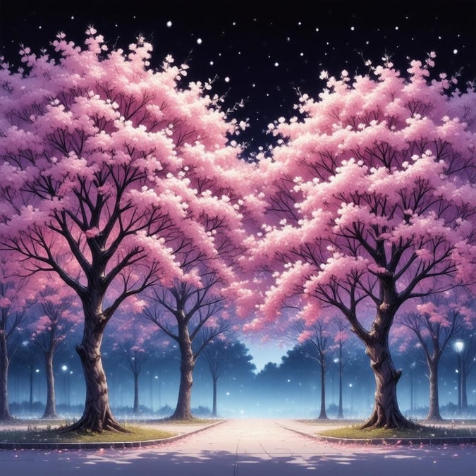 A serene nighttime view under a starlit sky, with two cherry blossom trees forming a picturesque pathway.