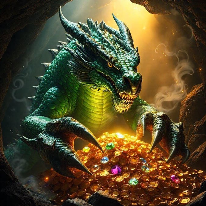 This fantasy wallpaper features a dragon guarding treasure in a cave. The dragon is green and has spikes on its back, and it is surrounded by gold coins and precious gems.