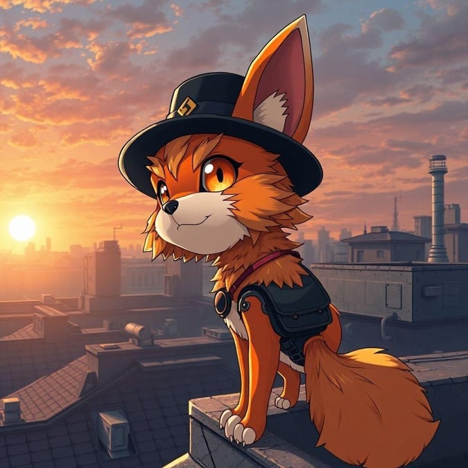 A captivating anime illustration of a mechanized kemono creature, standing on a rooftop, exuding a sense of quiet reflection and steadfast companionship.