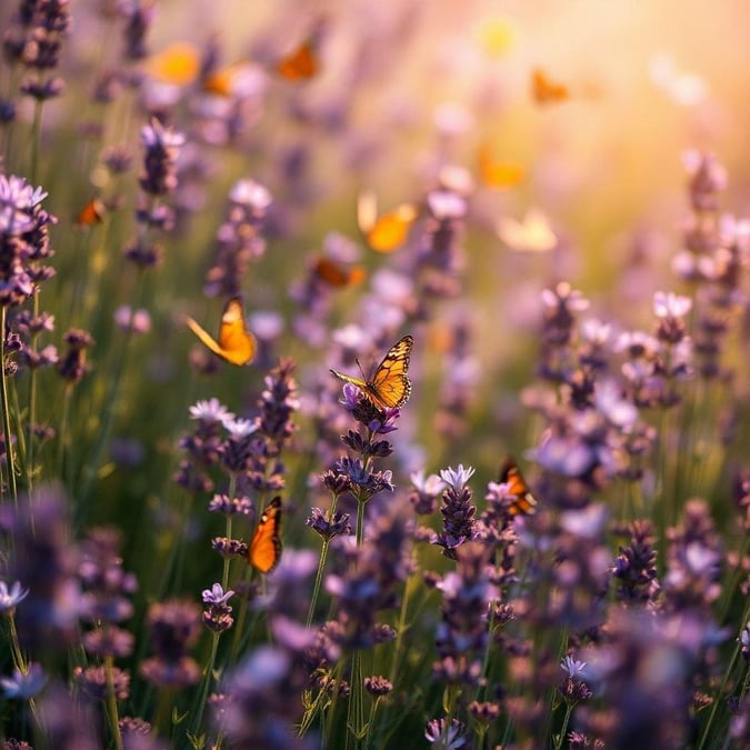 This image is a beautiful wallpaper of a lavender field with butterflies flying around it. The image is perfect for desktop and mobile use and is under the category of 'Flowers'.